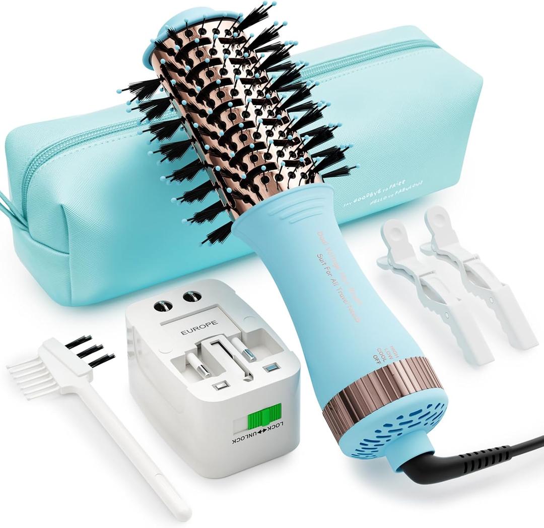 Travel Size Hair Dryer Dual Voltage Hair Styler, 110-240V 2 Inch Oval Jet Brush, Blow Dryer with Universal Adapter for Worldwide Use (Sky Blue&rose Gold)