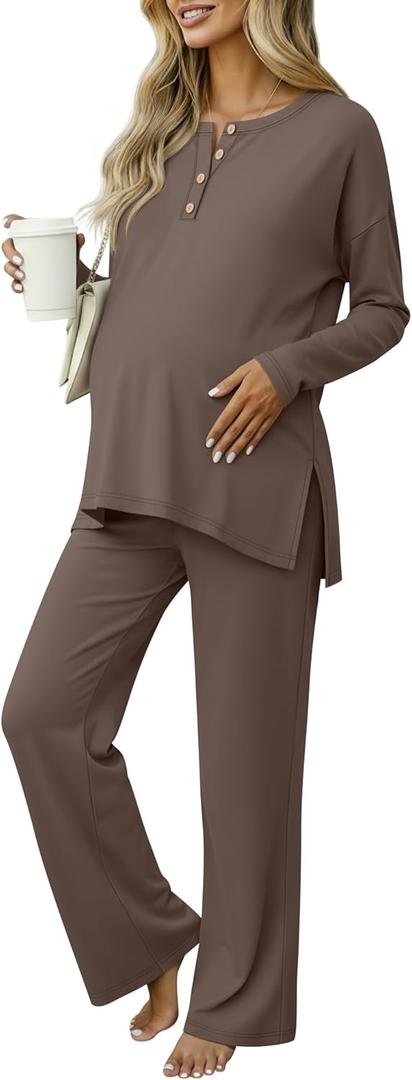 Women's Maternity Pajamas Sets, Long Sleeve Pregnancy Postpartum Delivery Lounge Nursing Pjs with Pockets Pjs (Coffee) Small