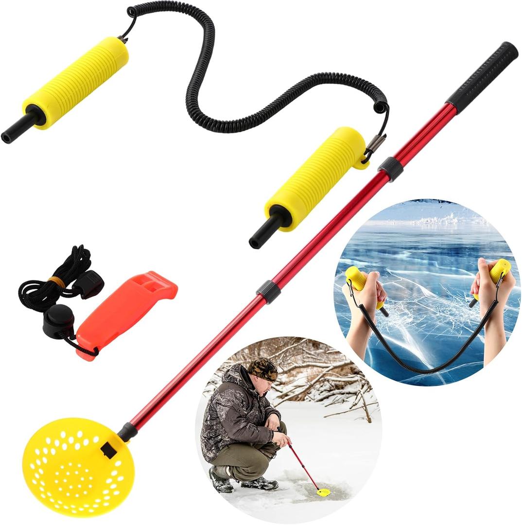 Leitee 2 Pcs Ice Fishing Safety Picks Kit Retractable Ice Safety Pick with Whistle Winter Scooper with Long Handle Emergency Gear Accessories for Sled