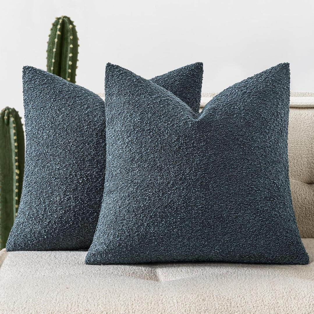 Woaboy Pack of 2 20x20 Inch Decorative Boucle Throw Pillow Covers Textured Square Pillowcaes Accent Solid Cozy Soft Cushion Covers Home Decor for Sofa Couch Living Room Home Decor,Dark Blue