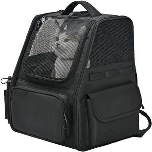 Pet Backpack for Cats & Small Dogs, Collapsible Travel Carrier with Ventilated Mesh, Removable Pad, and Safety Leash, Black