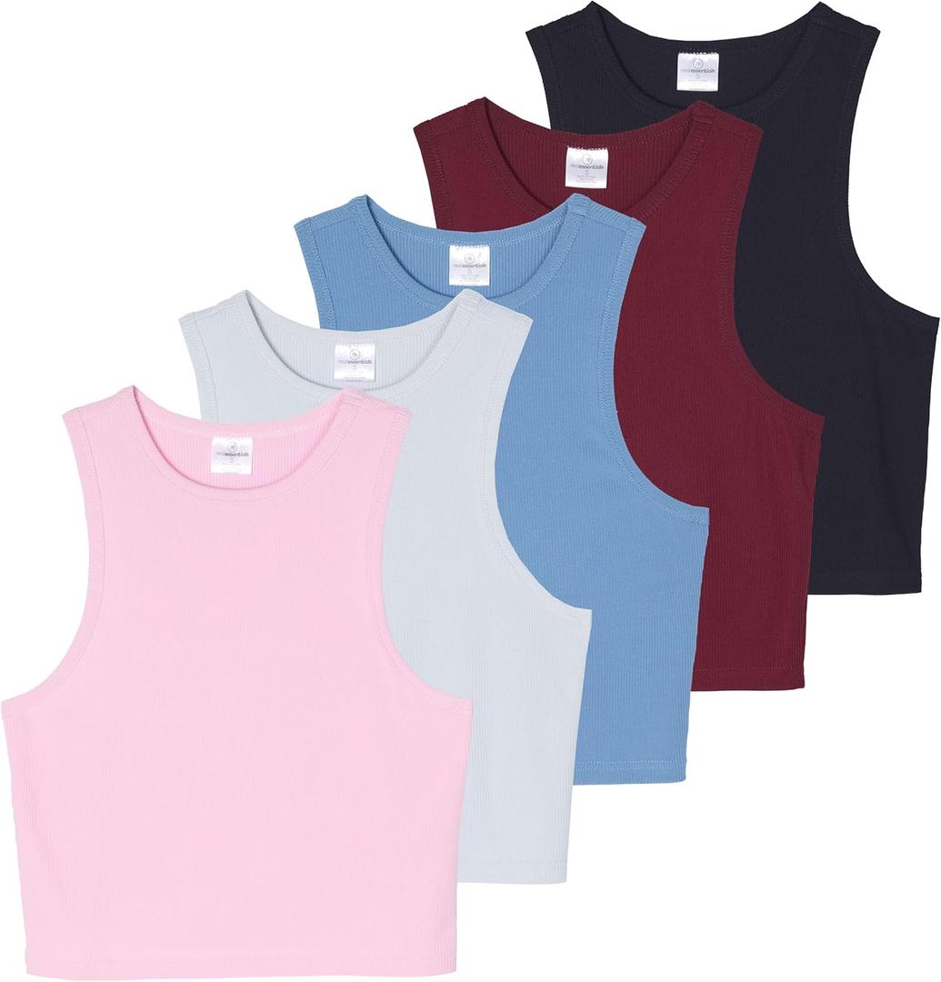 Real Essentials 5 Pack: Women’s Ribbed Crop Tank Tops Sleeveless Racerback Workout, Yoga, Athletic & Casual Shirts, M
