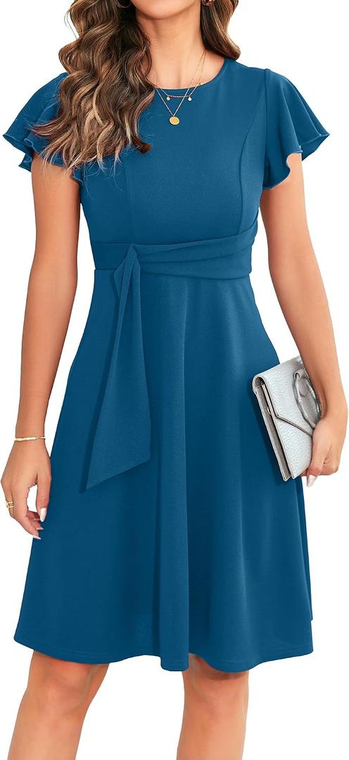 OWIN Womens 2026 Elegant Ruffle Sleeve Flared A Line Swing Casual Party Cocktail Dresses (L)