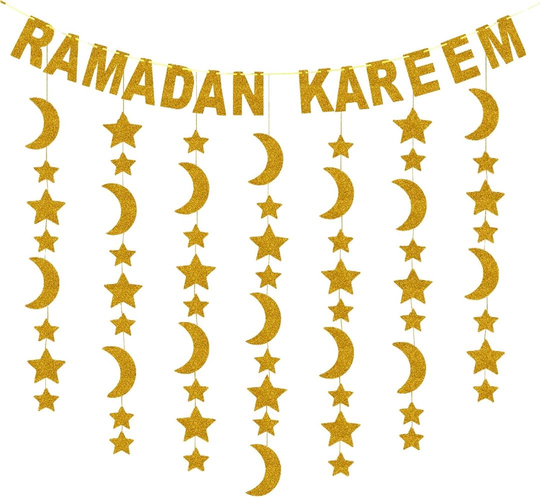 Glitter, Ramadan Kareem Banner - 10 Feet, No DIY | 13 Feet Hanging Gold Moon and Star Garland | Hanging Ramdan Decorations for Home 2025