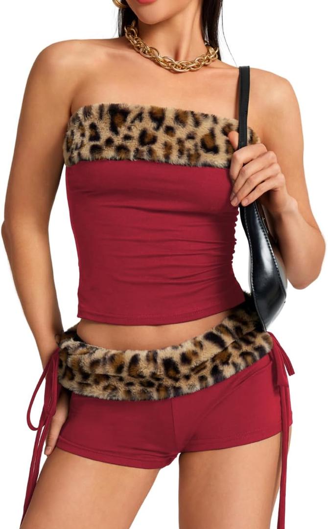 2000S Sexy 2 Piece Leopard Club Outfits, Ruched Tube Strapless Crop Top, Low Rise Booty Shorts Casual Going Out Rave (Burgundy-brown Cheetah, XL)