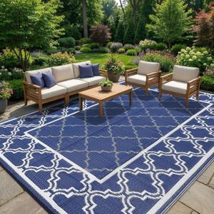 Garvee Reversible Outdoor Rug 10x14, Waterproof Outdoor Plastic Straw Rug with Interlacing Pattern, RV Mat for Picnics, Patio, Camping, Balcony, Deck, Backyard, Porch, Blue