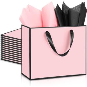 ReliThick 12 Pack Metallic Paper Gift Bag with Handles and Tissue Paper 11.8 x 10 x 4'' Thank You Favor Bag for Valentine's Day Wedding Bridesmaid Groomsman 5 Senses Gifts (Pink,Black)