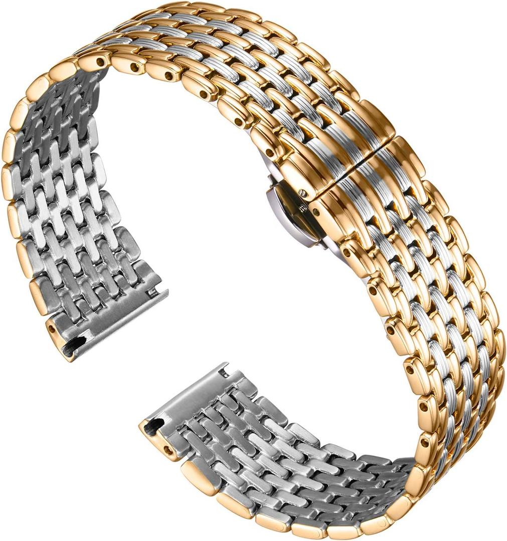 BINLUN Ultra Thin Mesh Stainless Steel Watch Band Light Watch Strap Polished Watch Bracelets Replacement 12mm/14mm/16mm/18mm/20mm/22mm for Men Women with Butterfly Buckle (Silver and Gold)