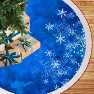 48 Inches Blue Christmas Tree Skirt Rustic Thick Xmas Tree Skirt with Snowflake Winter Happy New Year Decoration for Home Holiday Party (Blue and White)
