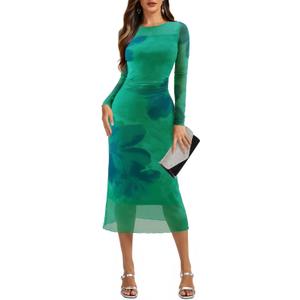 Dressystar Womens Long Sleeve Maxi Cocktail Dress 2025 Fall Ruched Floral Print Bodycon Mesh Formal Wedding Guest Dresses (XX-Large, Green Blue Flower)