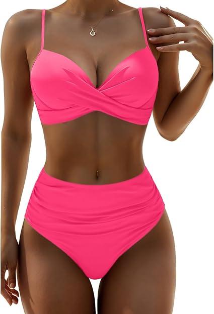 Aqua Eve Women Underwire Bikini High Waisted Bathing Suit Tummy Control Two Piece Swimsuit Pink L