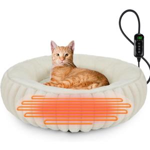 INVENHO Heated Cat Beds for Indoor Cats and Small Dogs, 20" Cozy Donut Heated Pet Bed with Timer & Temp Adjustable, Removable Waterproof Electric Warming Bed for Indoor Cat, Cream