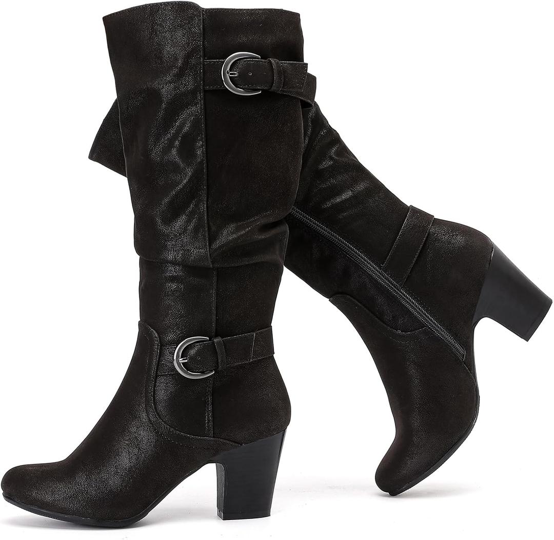 Knee High Boots for Women Slouchy Chunky Heel Long Boots Pointed Toe Comfort and Fashion Fall Winter Woman Boot. (6.5, Black Zpu 301)