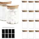 12 Packs Bamboo Qtip Holders, 10 oz Glass Round Storage Containers with Lids for Cotton Pads Swabs Balls, Jewelry/Makeup Organizer and Spice Container