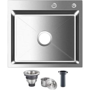 ROVOGO 21.7"x17.7"x8.7" Kitchen Sink Drop-in, 304 Stainless Steel Single Bowl 2-Hole, Top Mount Handmade Bar Prep Sink with Drain Assembly, Brushed