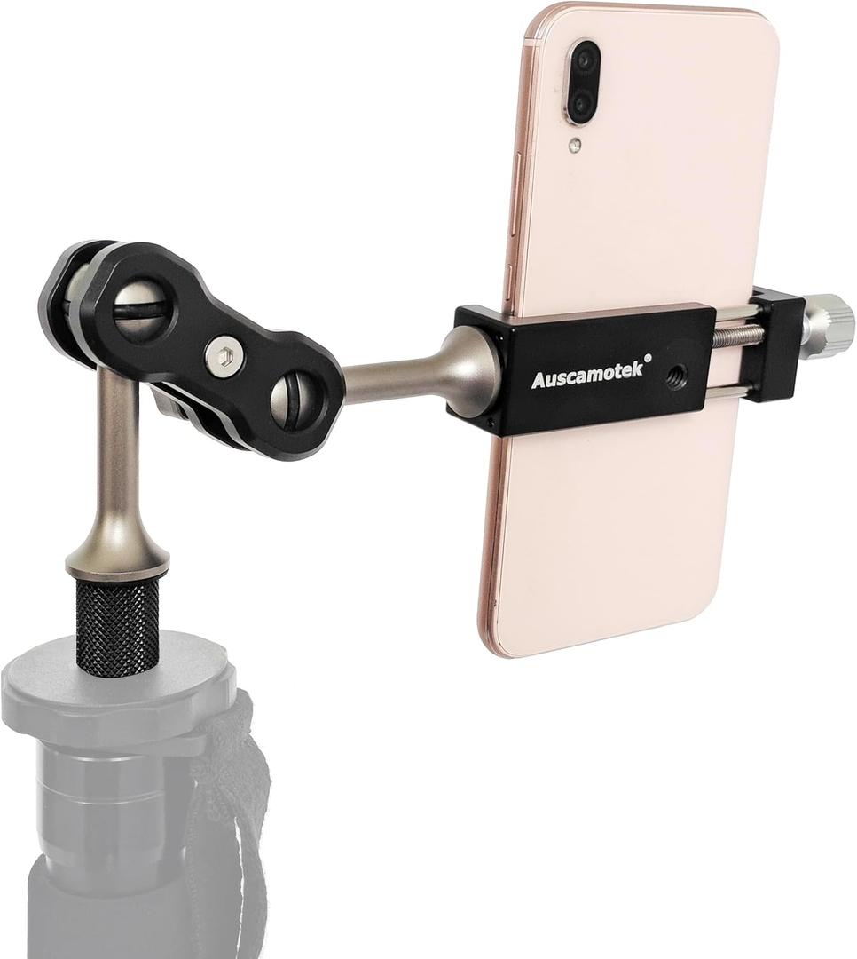 AUSCAMOTEK Aluminum Phone Mount with 1/4 Inch Screw for Tripods  360 Adjustable Arm, Fits 2 to 3.6 Inch Phones, Vertical or Horizontal Shooting for Hunting, Shooting, Filming, and Outdoor Use