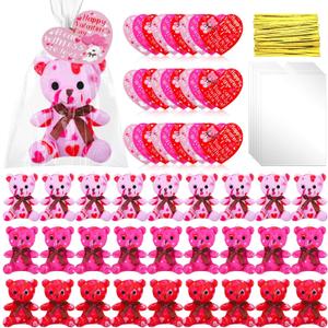 Poen 18 Pack Valentines Day Bears Bulk with Heart Cards Mini Valentine Stuffed Animal with Heart Pattern Bears Toys Keychains for Kids Boy Girl Classroom Prize Goodie Bag Stuffers Party Favor (Pink)