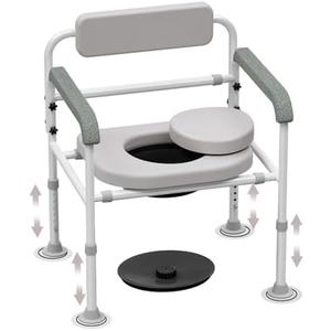 Adjustable Medical Bedside Commode Chair with Padded Backrest, Height Adjustable, Drop Arm Support (Improved toilet chair)