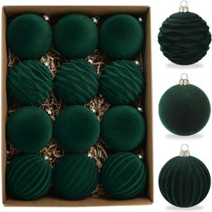 12Pcs Velvet Christmas Tree Ornaments 3.14 Inch Green Large Christmas Balls Xmas Hanging Ornaments for Wreath Garland Table Centerpiece Arrangement(Green)