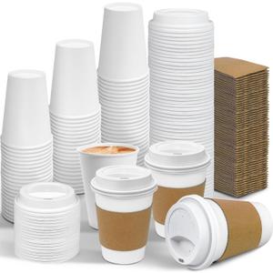Ginkgo 100 Pack 12 oz Leak-Proof Coffee Cups with Lids and Sleeves Disposable To Go Hot Travel Paper Cups, Hot Chocolate, Cocoa, Coffee Bar Accessories