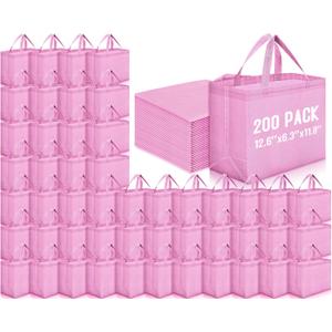 Windyun Reusable Grocery Bags Large Non Woven Shopping Bags Foldable Portable Tote Carryall Bulk (12.6 x 11.8 x 6.3 Inches, Pink)