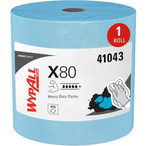 WypAll PowerClean X80 Cloths Heavy Duty Wipes (41043), Jumbo, Extended Use Towels, Blue (1 Roll of 475 Sheets, 475 Sheet Total)