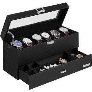 6-Slot Watch Box Organizer for Men, Watch Case with Real Glass Lid, 2 Layers Mens Jewelry box with 1 Drawer for Rings, Bracelets, Leather Watch Display Organizer, Gift Idea, Black