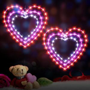 ILLUMINEW 2 Pack Valentine's Day Heart Window Lights, 8 Lighting Modes, 12 Inch LED Hanging Iron Frame Decor for Wedding Holiday Indoor Outdoor Party (2PCS-Red&Pink&White)