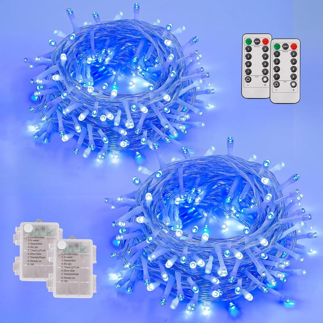 YEGUO Christmas Lights Battery Operated, 2 Pack Each 33ft 100 LED Blue and White String Lights Outdoor Waterproof,8 Modes Clear Wire Fairy Light Indoor with Remote