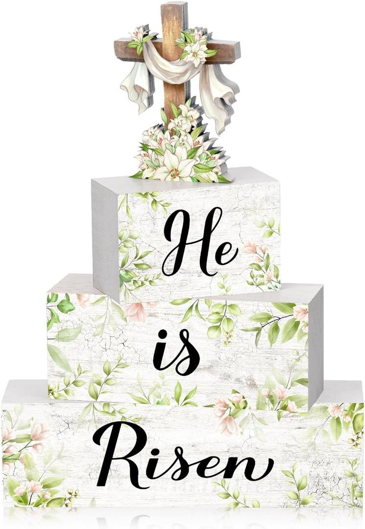 4 Pcs Easter Table Decor He is Risen Tiered Tray Decorations Set Christian Easter Spring Green Cross Rustic Farmhouse Wooden Stack Block Signs Religious Tabletop Party Decor for Home Office