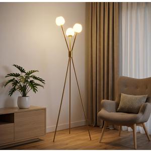 Fiqevs Dimmable Tripod Floor Lamp for Living Room, 3 Globe Modern Gold Floor Lamp with Elegant Frosted Sphere Glass Shade and LED Bulbs, Standing Tall Lamp for Bedroom, Office - Antique Brass