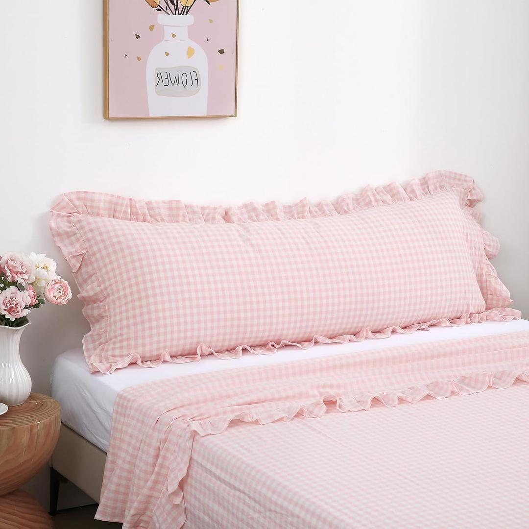 Blush White Plaid Body Pillow Cover with Ruffles 20x54 inches, 100% Cotton Rustic French Country Vintage Fall Pillow Shams for Bed/Sofa (20x54 inches, Blush/White Plaid)