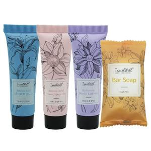 Travel Well Flower Series Individually Wrapped 15ml/0.5 Fl Oz Shampoo + Conditioner + Body Lotion + 21g/0.75 Oz Mini Soap Bars | 240 PIECE | Travel Size Toiletries | Hotel Toiletries Bulk Set