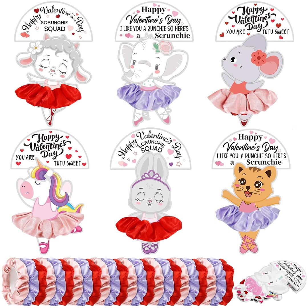 30 Sets Valentines Day Ballerina DIY Gifts Include 30 Ballerina Card and Hair Scrunchies Exchange Gift Party Supplies for Women Dance Recital Birthday Party(Bright Color,Animal)