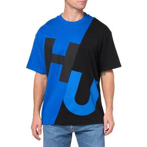 HUGO Men's Block Logo Cotton T-Shirt (Large, Black Jade/Cobalt)
