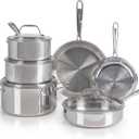 T-fal Pro Tri-Ply Stainless Steel Cookware Set 10 Piece, Induction Compatible Oven Safe 500F, Lids 350F, Fast & Even Heat, Professional Quality & Durability, Pots and Pans Set, Dishwasher Safe, Silver