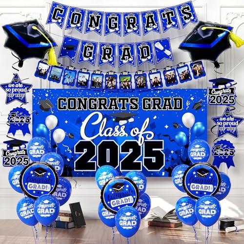 Graduation decorations class of 2025,graduation backdrop sign,Congrats grad banner,Hanging Swirls,Blue grad balloons for men women graduation party decorations (Blue)