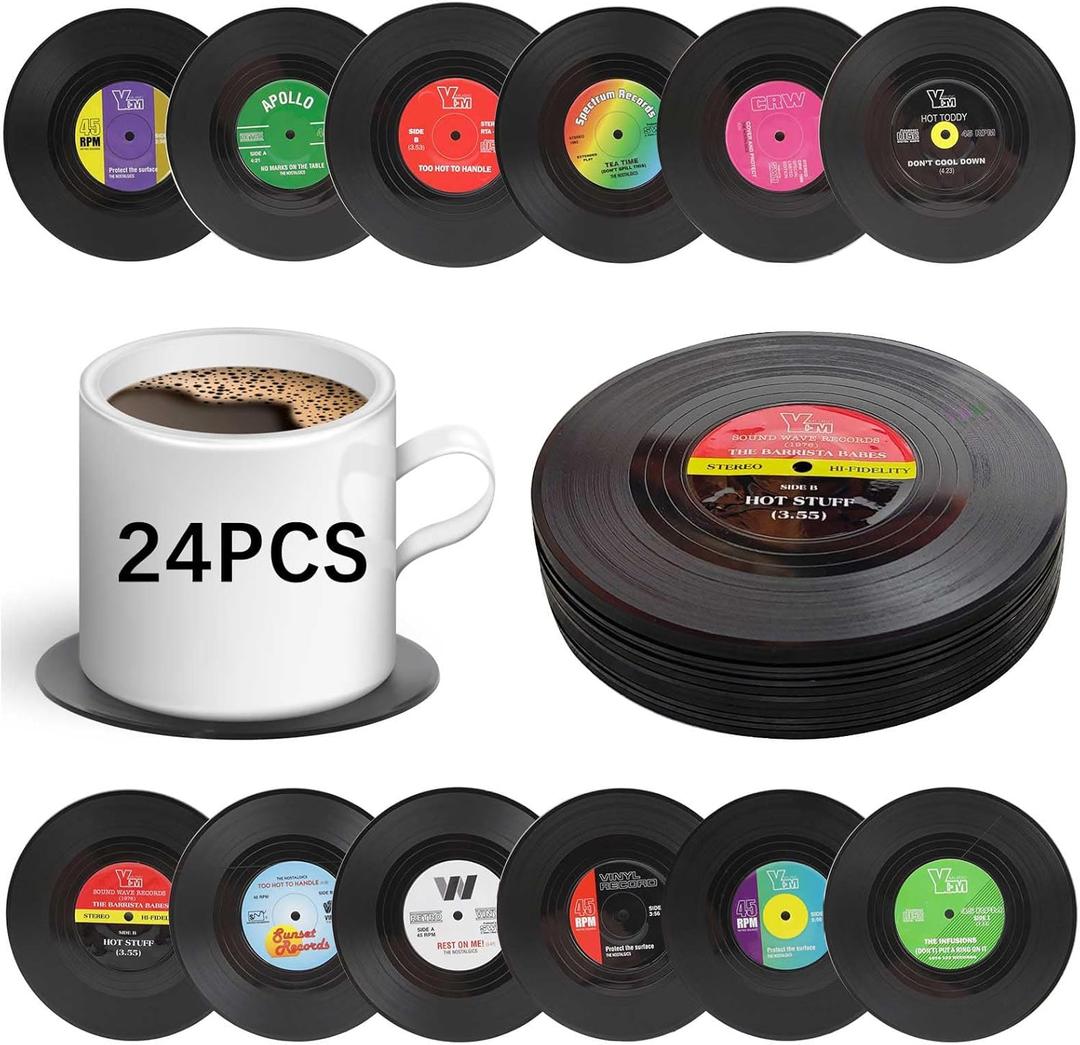 24 PCS Funny Retro Vinyl Record Coasters Music Gift,Bars,Birthdays, Parties for Music Lovers Colorful Coaste,Home Decor Housewarming and Wedding Decorations Gifts Ideas