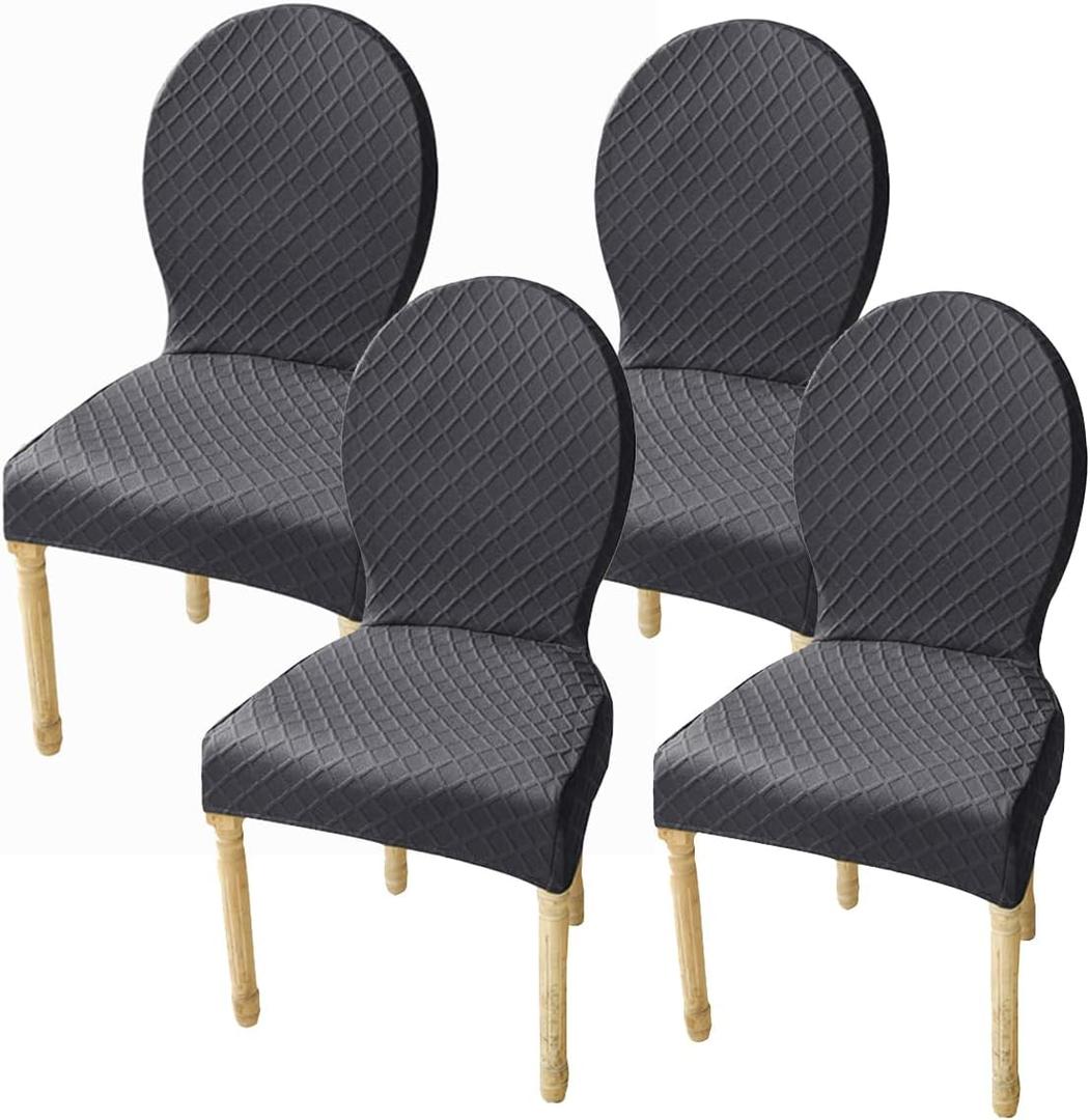 Set of 4 Dining Room Chairs Slipcovers with Round Back Small/Large Dining Chairs Covers Without Arms Solid Wood Legs Modern Oval Side Chairs Covers for Kitchen/Bedroom,Dark Gray, Large