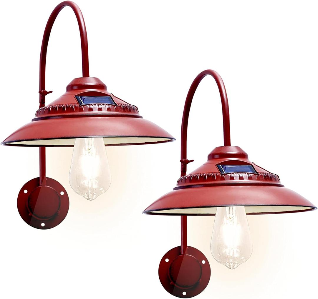 Goodeco Solar Barn Lights Outdoor - Glows White, Outdoor Wall Lights with Motion Sensor & One Clear Glass LED Edison Bulb, No Wiring, Ideal Gifts for Patio Porch Deck & More, Red (2 Pack)