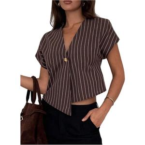 Floerns Women's Striped Button V Neck Shirt Dolman Sleeve Asymmetrical Hem Business Casual Tops (Brown, L)