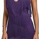 Umenlele Women's Layered Fringe Deep V Neck Cami Mini Dress Sleeveless Tassels Flapper Dresses (Medium, Purple)