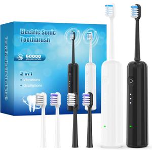 2025 New Sonic Electric Toothbrush for Adults - Vibration 60,000 VPM & 73 Oscillation Rechargeable Electric Toothbrush, 50+ Days Battery Life, 3 Modes, 2-Minute Timer, 3 Brush Heads, 2 Pack (White + Black)