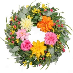 Spring Wreaths for Front Door 24 Inch, Artificial Summer Wreath with Dahlia and Peony for All Season Home Decor Easter Indoor Outdoor Wall Home Festival Celebrations