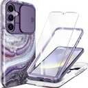 GVIEWIN Designed for Samsung Galaxy S24 Plus Case with Slide Camera Cover+Screen Protector,[10FT Drop Protection]Marble Full Body Shockproof Protective Phone Cover for S24+ Plus 6.7", Milky Way/Purple