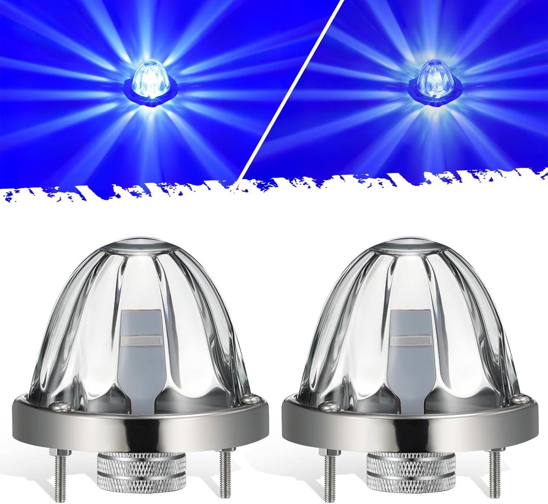 Partsam 2Pcs Glass Watermelon Lights [Patent Pending] Clear Lens Blue LED Side Marker Clearance Lights with Bezel Replacement for Kenworth Peterbilt Freightliner Trucks