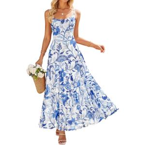 ZESICA Women's Summer Floral Sleeveless Maxi Dress 2026 Boho Mesh Spaghetti Strap Flowy Beach Wedding Guest Long Dresses, M