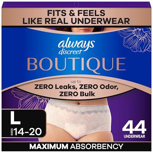 Always Discreet Boutique Incontinence and Postpartum Underwear for Women, Maximum Protection, Large, Rosy, 44 Count (2 Packs of 22)