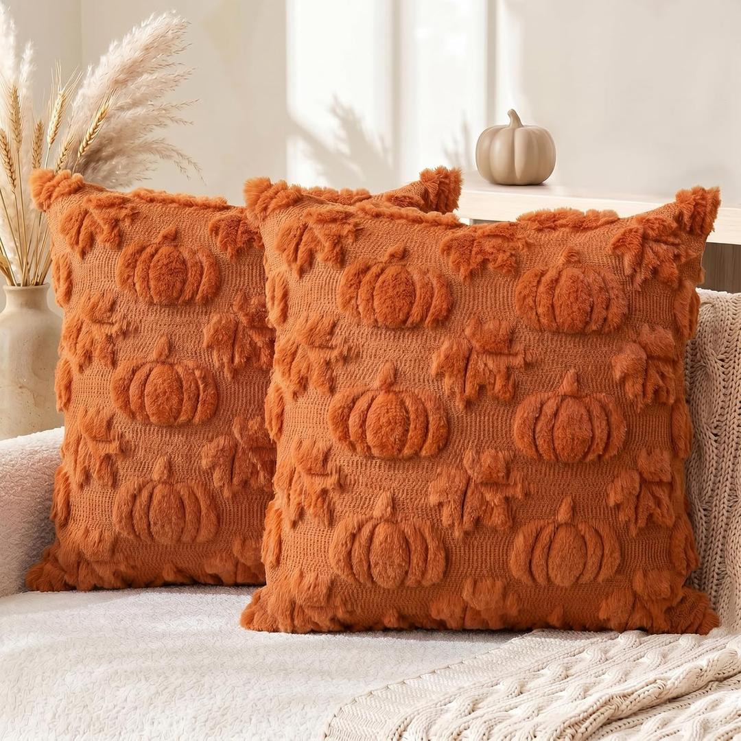 AVOIN colorlife Fall Pumpkin Maple Leaves Caramel Throw Pillow Covers, 20 x 20 Inch Autumn Thanksgiving Harvest Soft Plush Faux Fur Jacquard Cushion Case Decoration for Sofa Set of 2