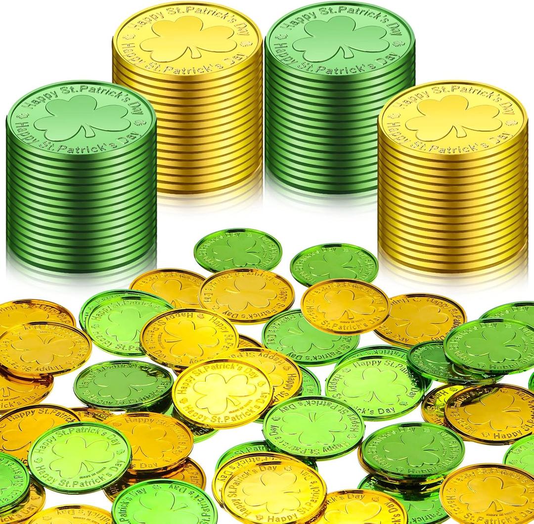 50 Pieces St. Patrick's Day Shamrock Coins Decorative Plastic Coin Green and Gold Fake Coins Small Lucky Coin Clover Coin for St. Patrick's Day Party Supplies, 1.38 Inches